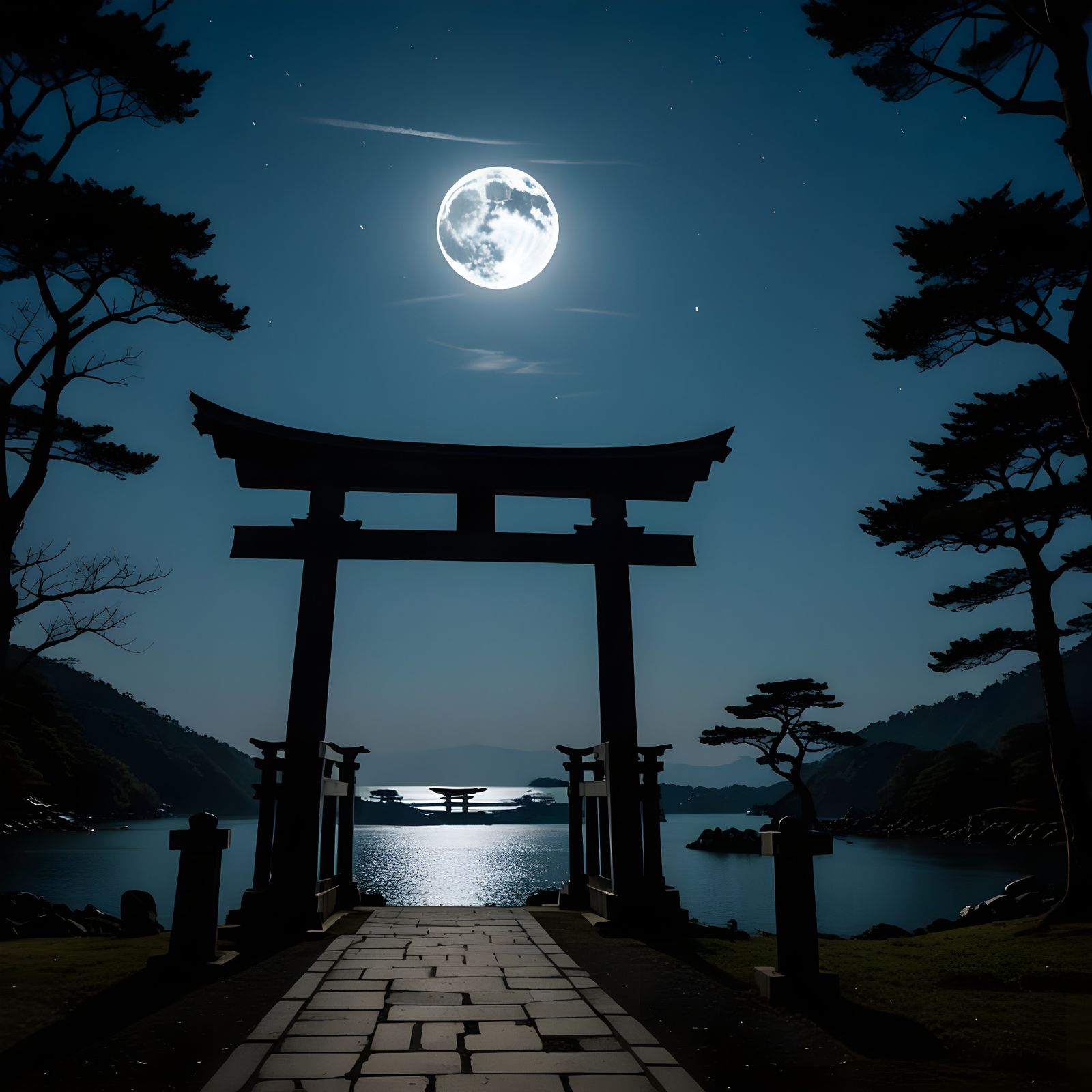 Torii Gate Silhouette with Rising Full Moon