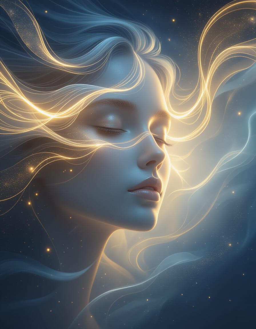 Dreamlike Face Illuminated by Golden and Silver Light