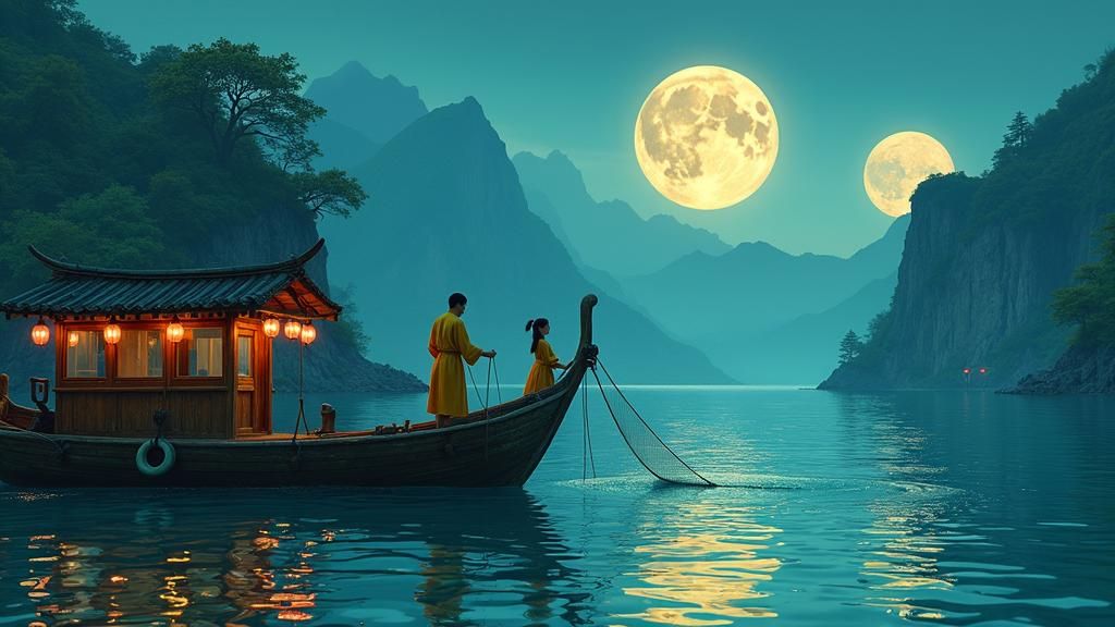 Korean Fishermen in Sci-Fi Fjord: Digital Art