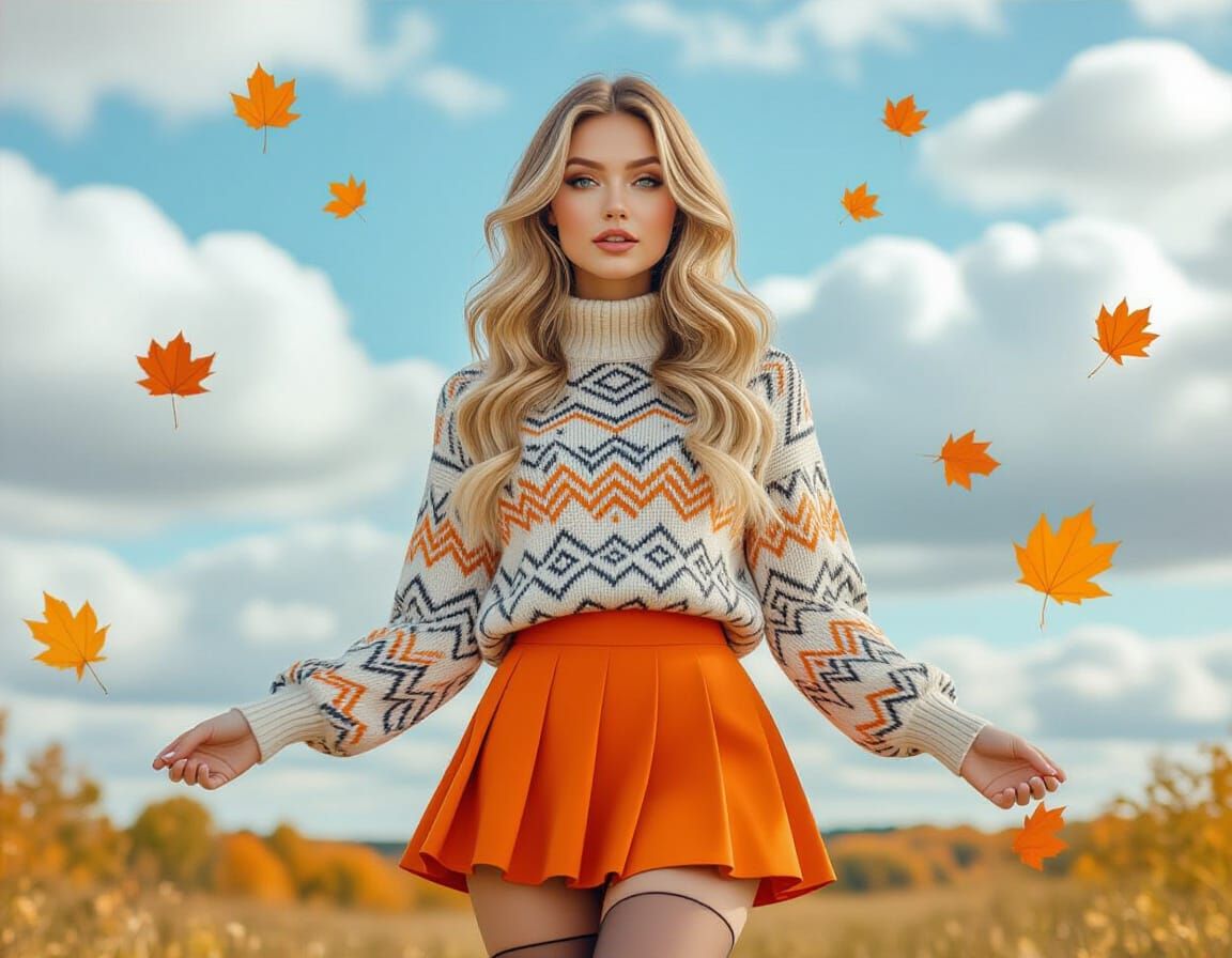Blonde Woman in Autumn Leaves, Realistic Photo Style