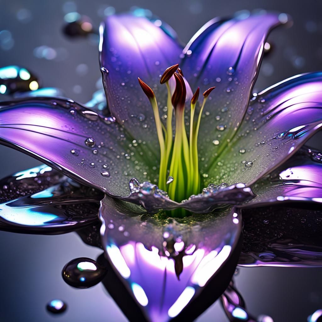 Liquid Mercury Lily with Chrome Surface in CGI