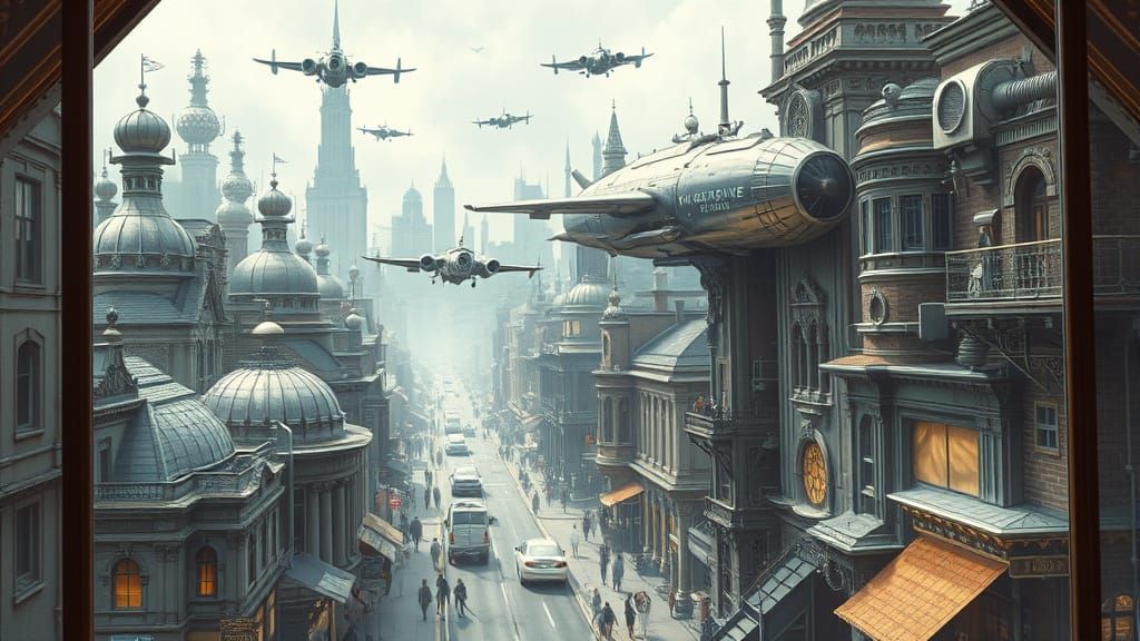 Steampunk Metropolis with Flying Silver Vessels in a Victori...