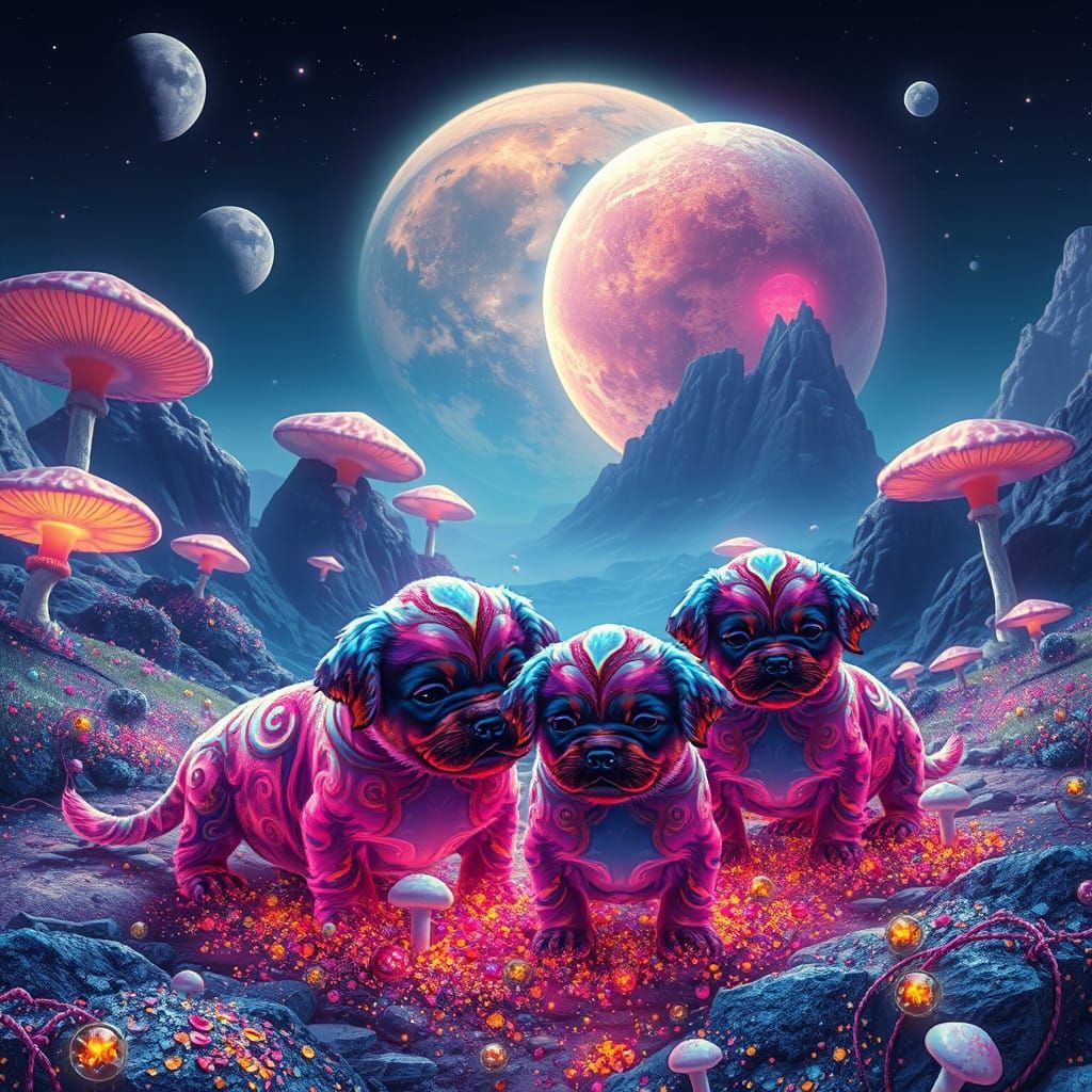 Cosmic Canine Wonderland in Vibrant, Glowing Mushrooms