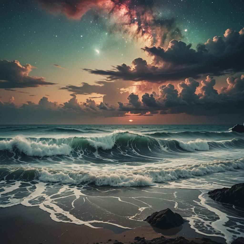 Dramatic Sea Waves Under Nebula Sky