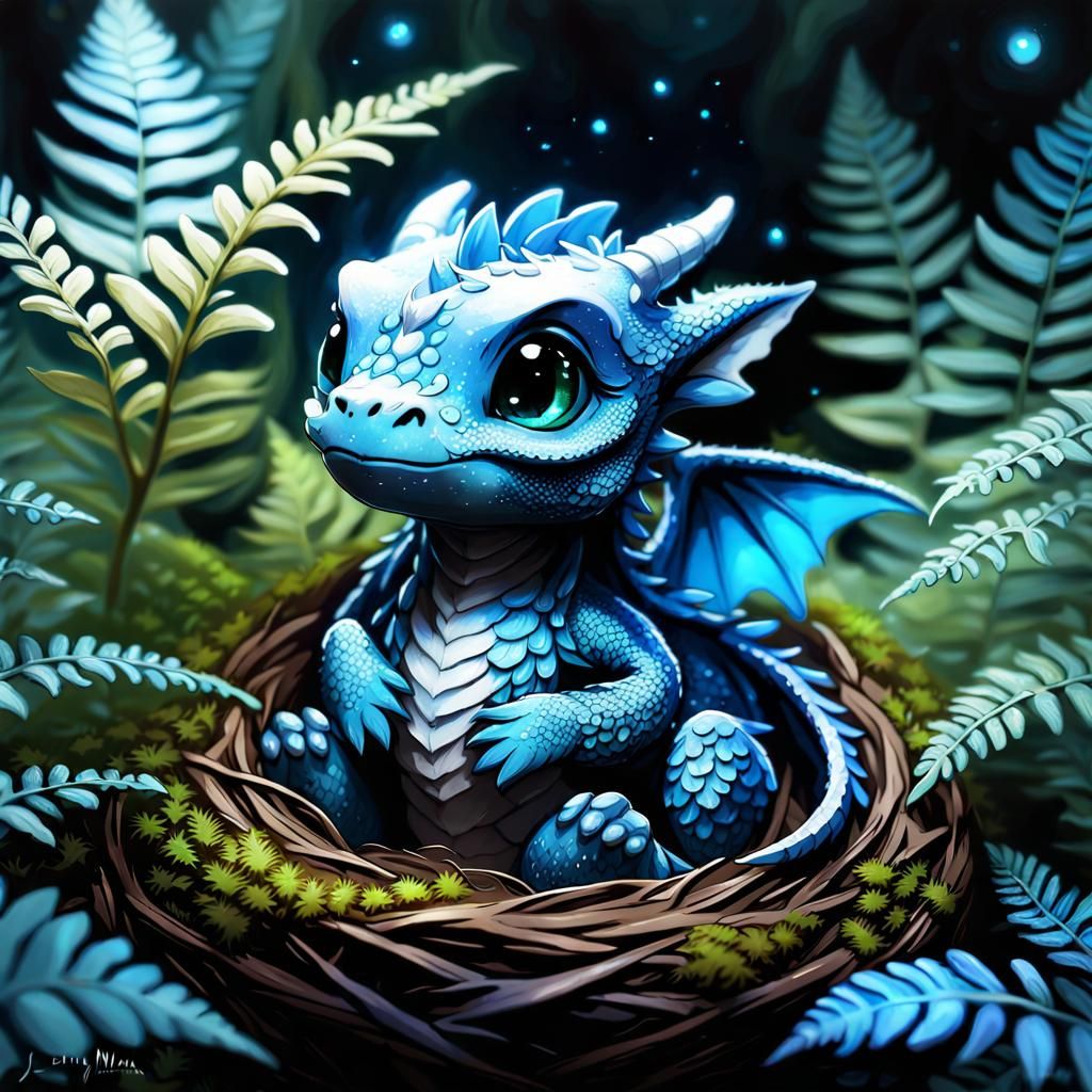 Chibi Dragon in Fern Nest: Fantasy Concept Art