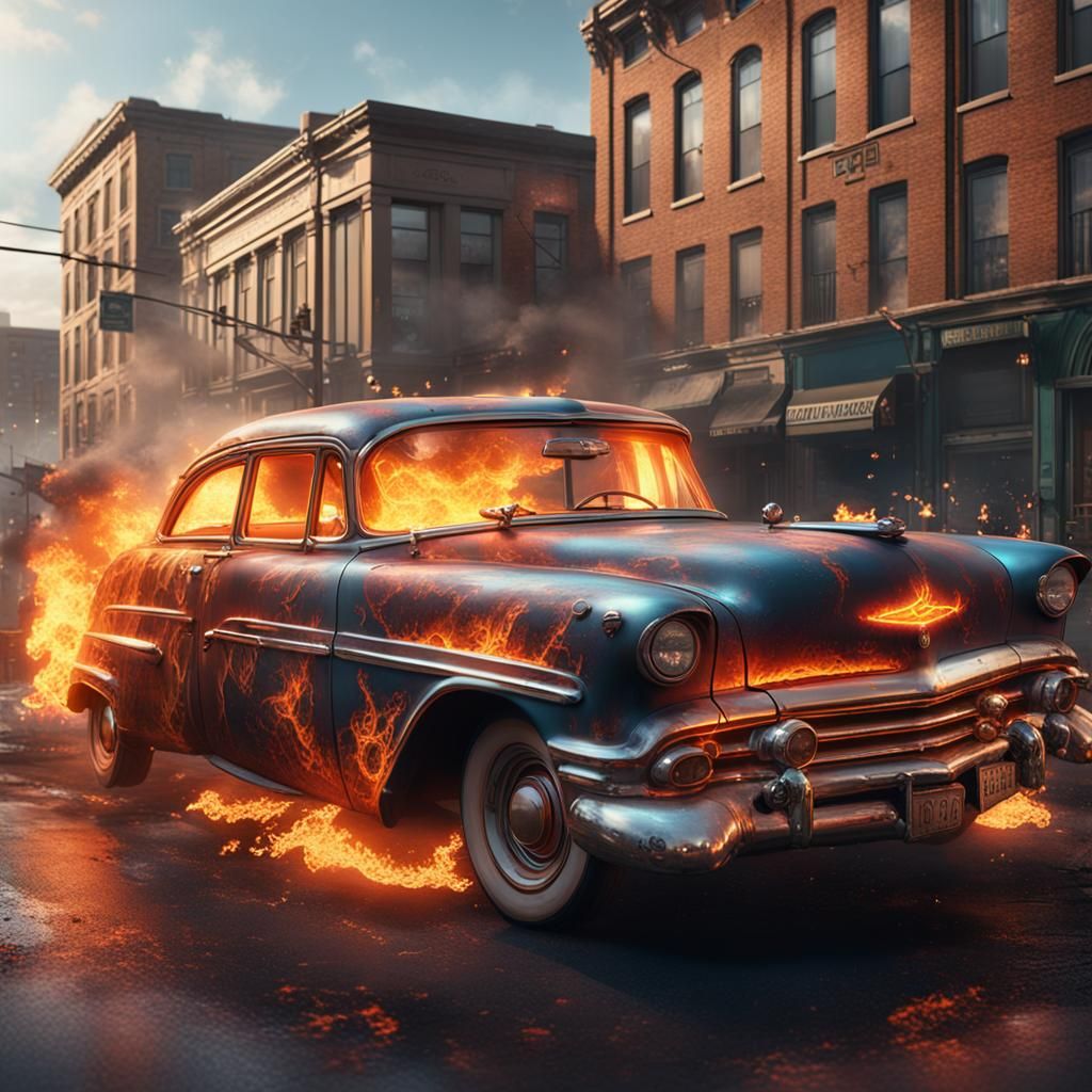 Burning Car in Town: Detailed Matte Painting