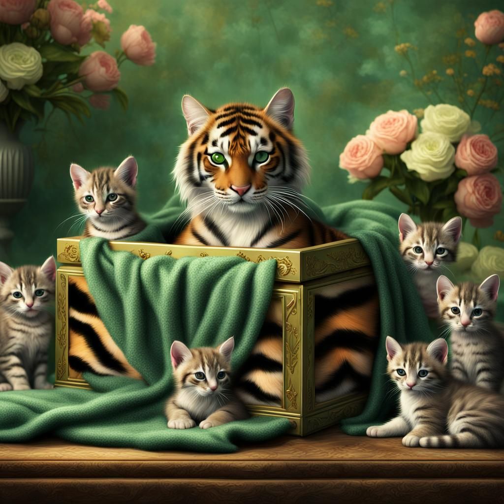 Tiger Cat with Newborn Kittens in Decorative Box
