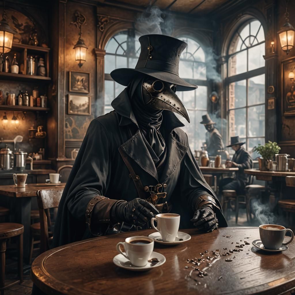 Plague Doctor Enjoying Coffee: Detailed Matte Painting