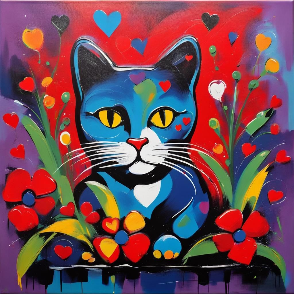 CoBrA Abstract: Cat, Flowers, and Graffiti Art