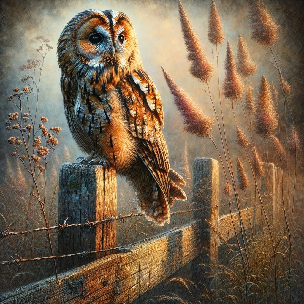 Ethereal Tawny Owl Perched on Rustic Fence Post