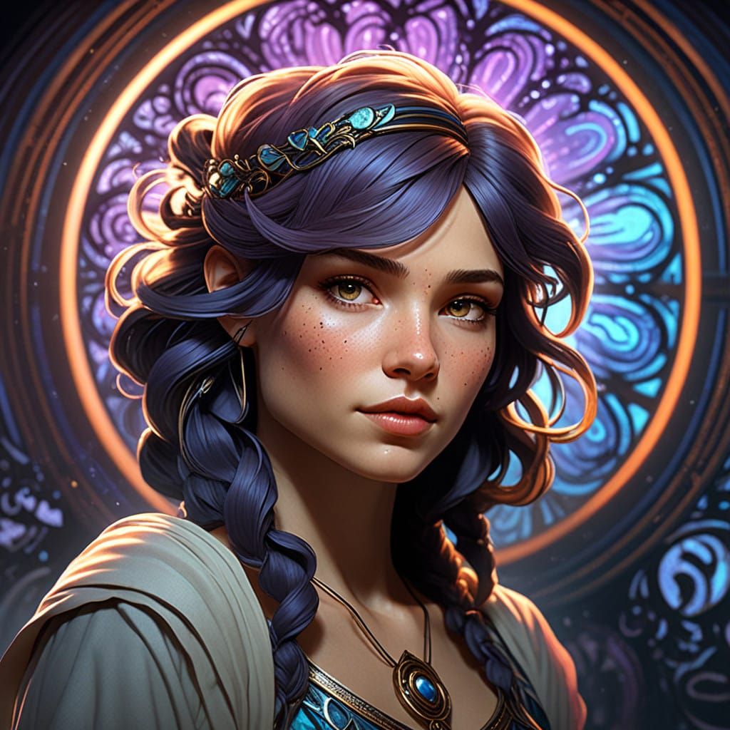 Surreal Sci-Fi Goddess in Glowing Tattoos Amidst Swirling Cl...