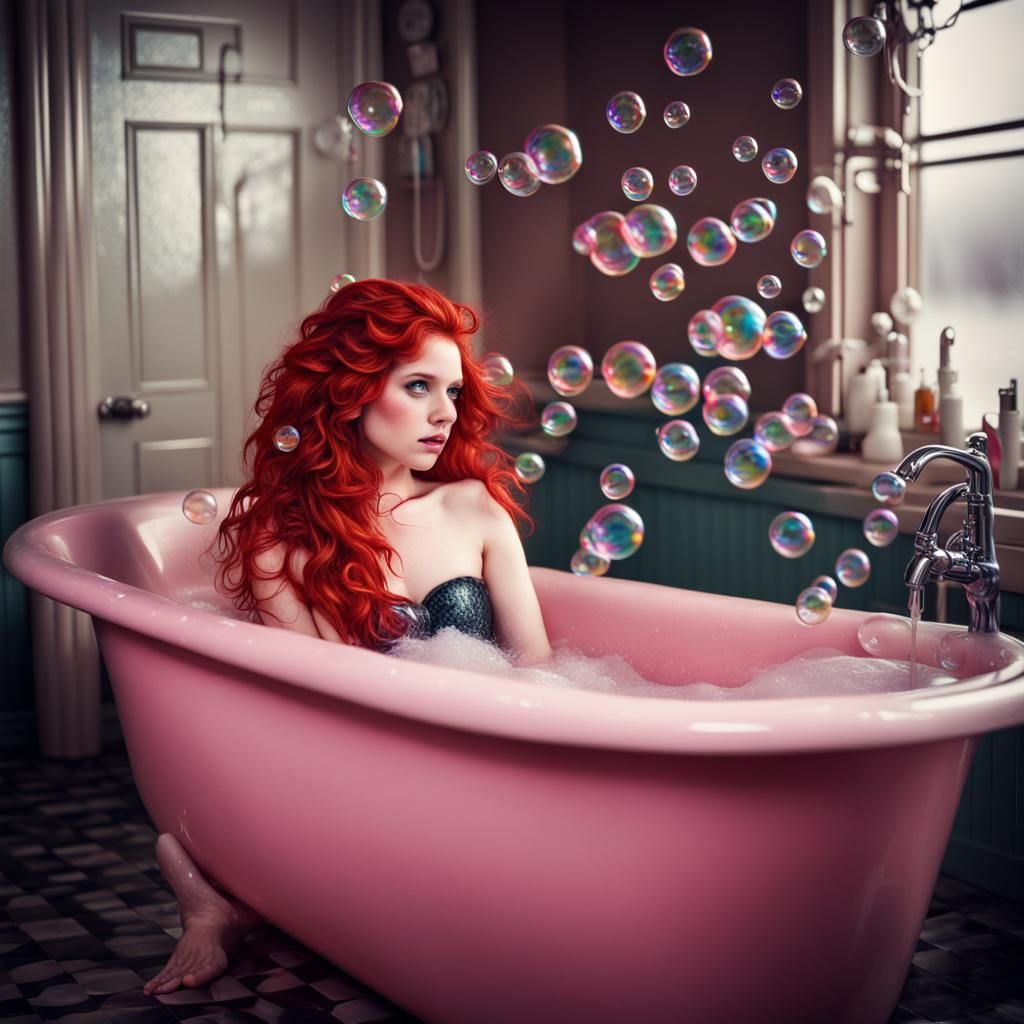 Red-Haired Mermaid in Pink Bubble Bath