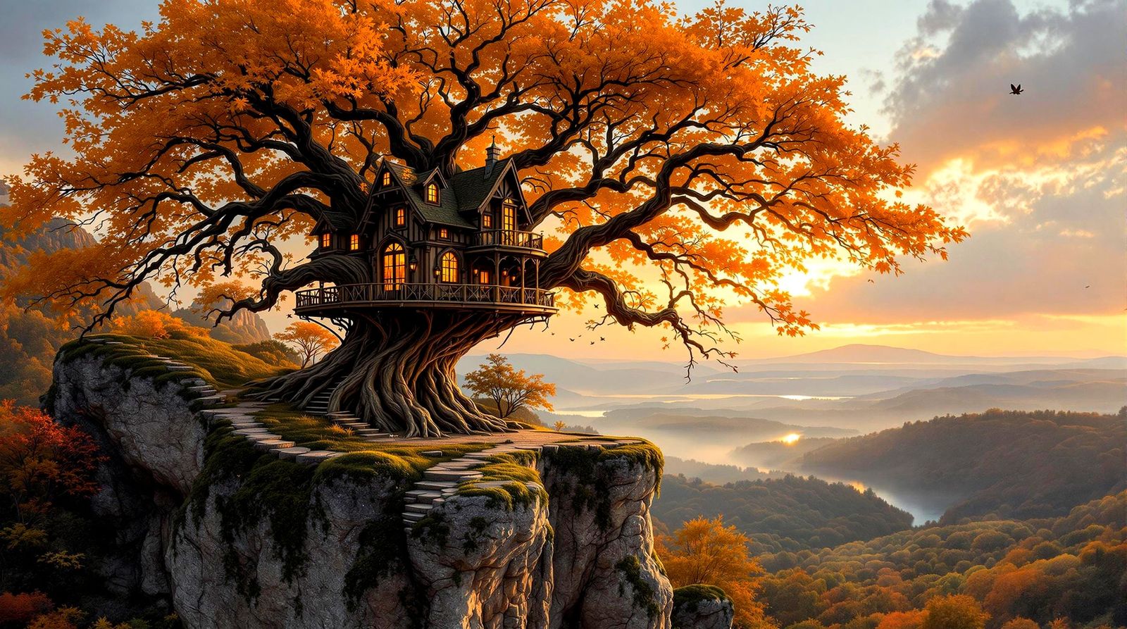 Autumn Manor Treehouse in Dramatic Sunset Light