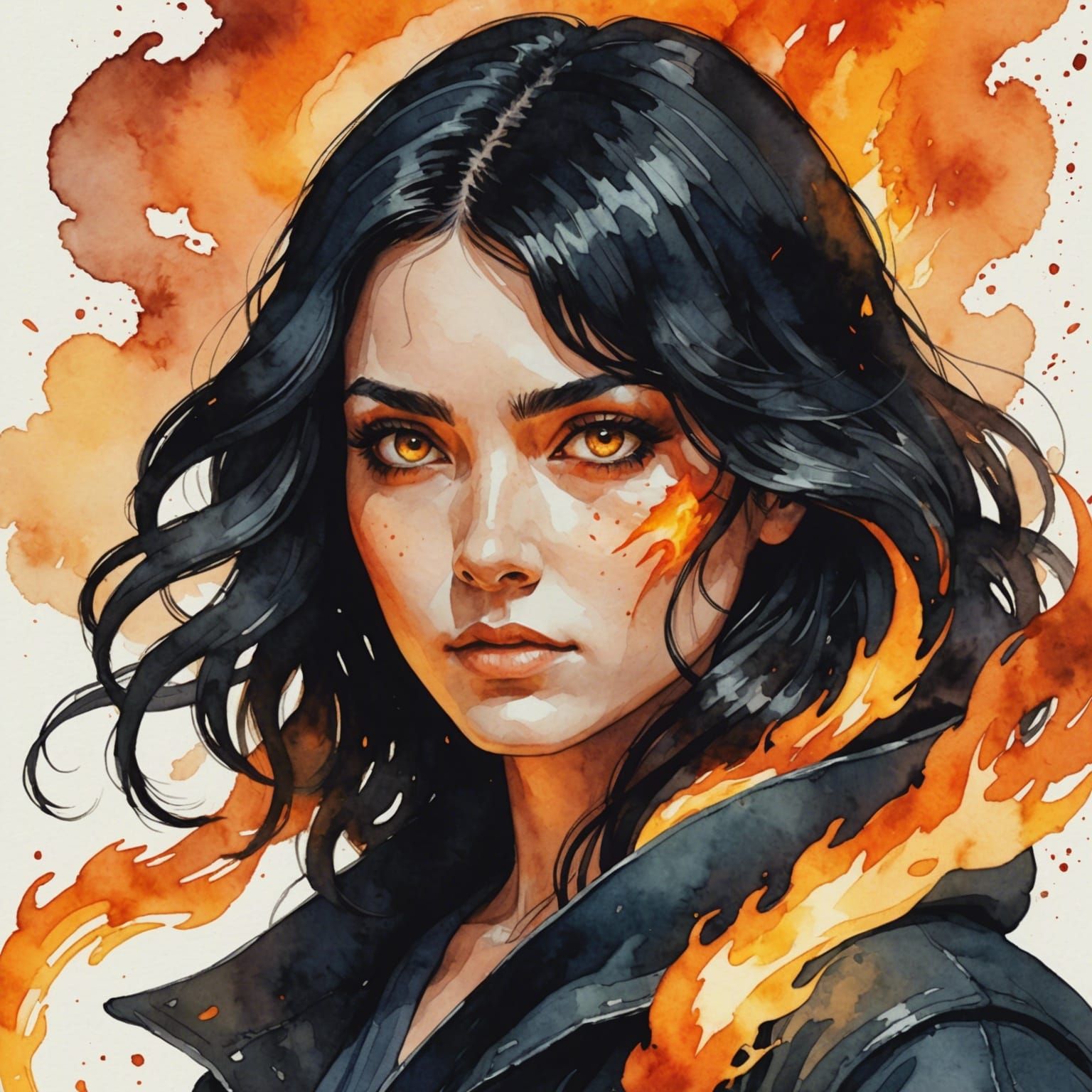 Watercolor Woman's Face Illuminated by Fire