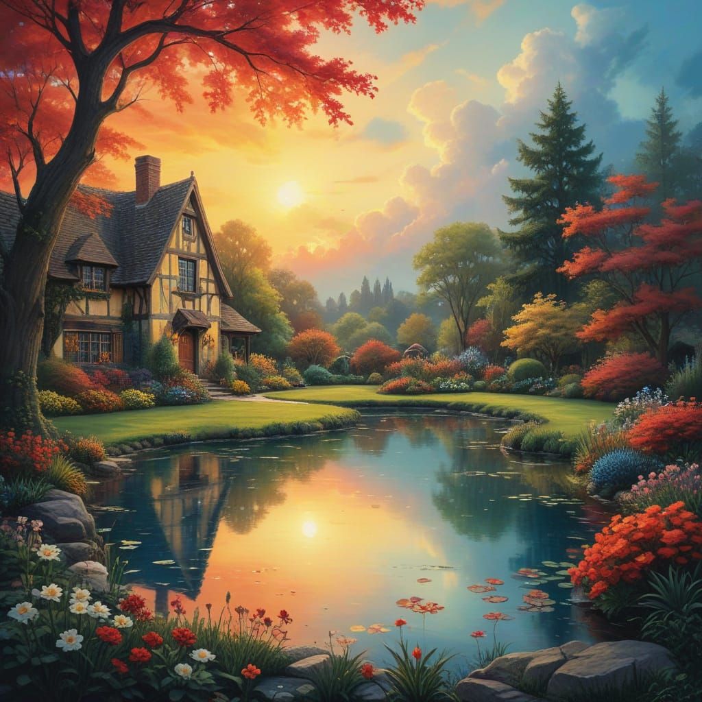 Vibrant Tudor Cottage Scene with Serene Pond