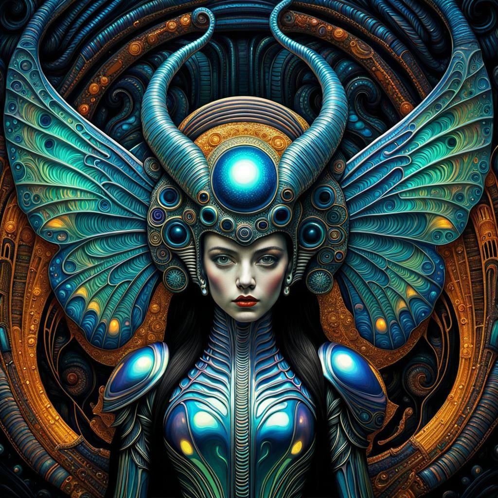 Bioluminescent Armor in Gustav Klimt and Giger Style
