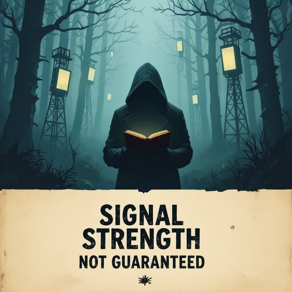 Mysterious Figure in Foggy Forest with Cellphone Towers