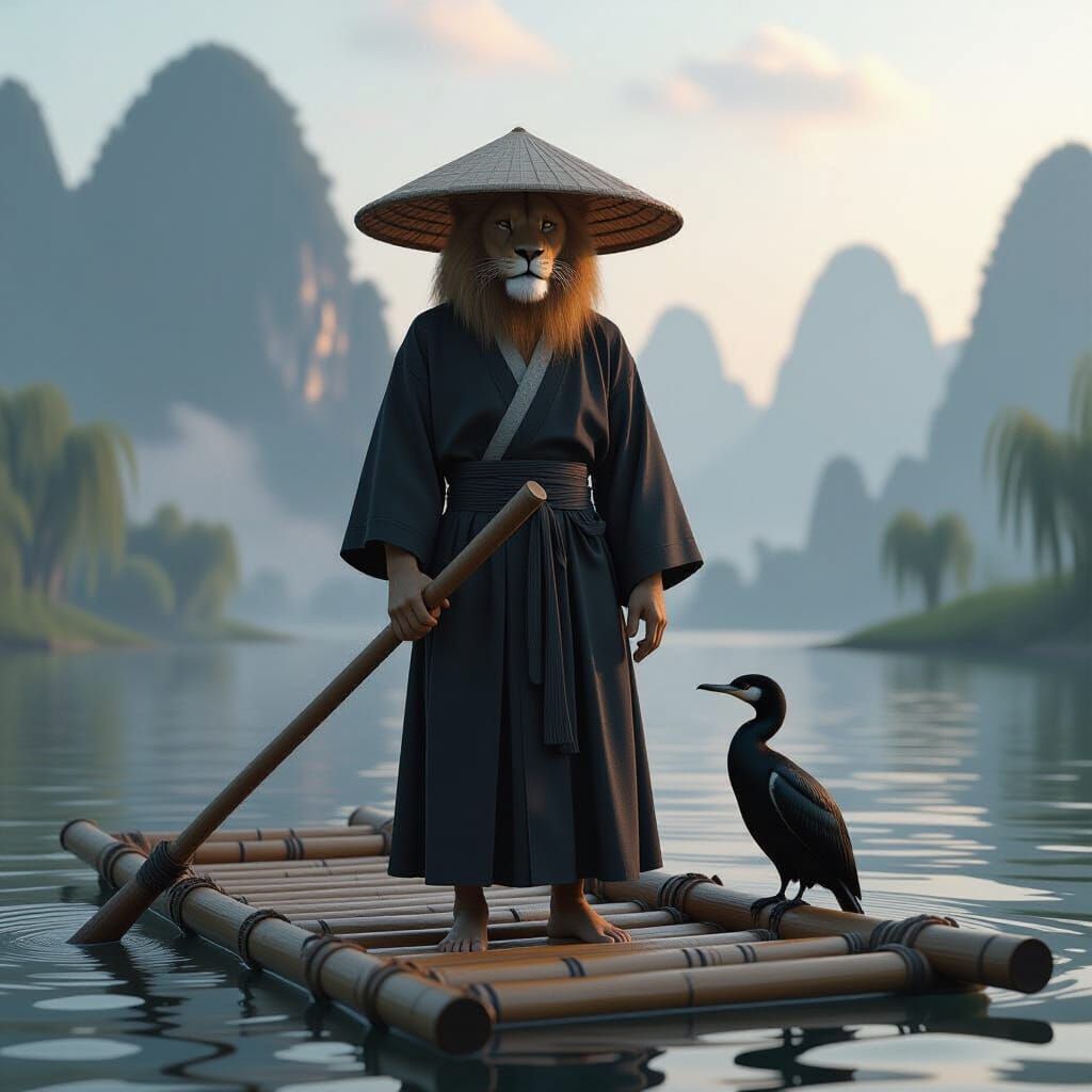 Lion in Robe on Bamboo Raft, 3D Render