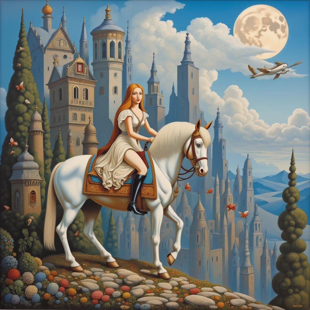 Magical Beings and Flying Horses in Surreal Setting