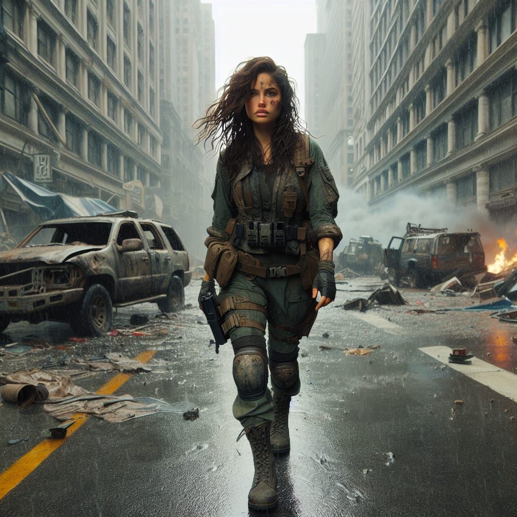 Post-Apocalyptic Times Square: Courageous Woman in HDR