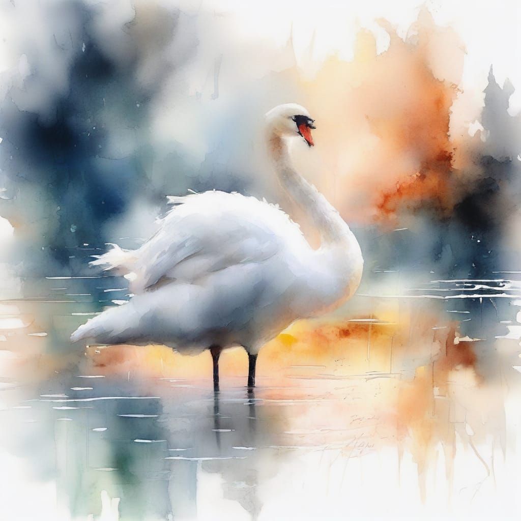 Serene Swan on Misty Lake in Watercolor Style