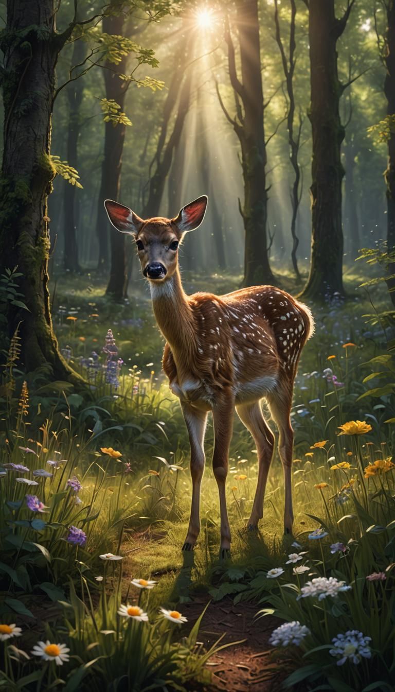 Fawn in Forest Clearing: Digital Matte Painting