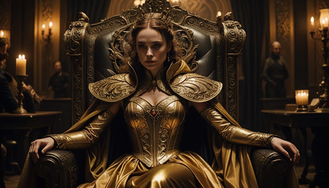 Regal Young Woman in Shimmering Gold Latex, Throne, and Book
