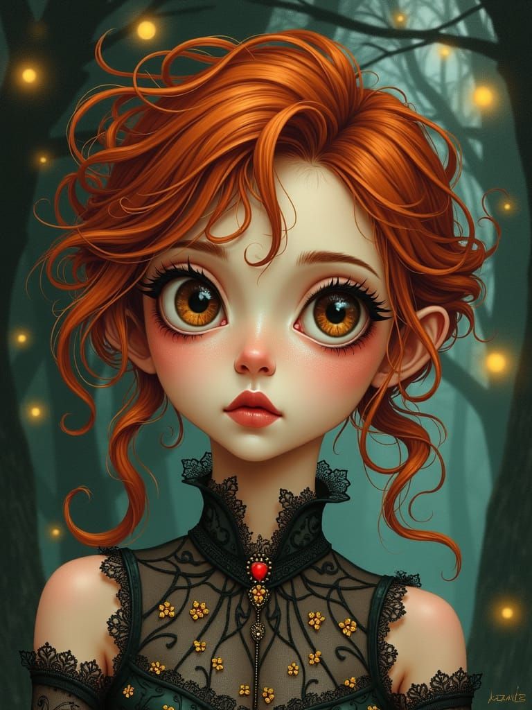 Punk Woman with Twinkling Lights, Art Nouveau Style