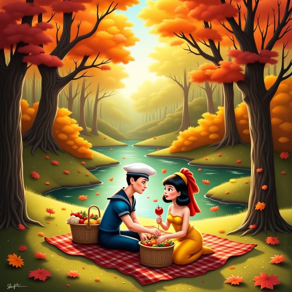 Popeye and Olive Oyl's Autumn Picnic, Illustrated Style