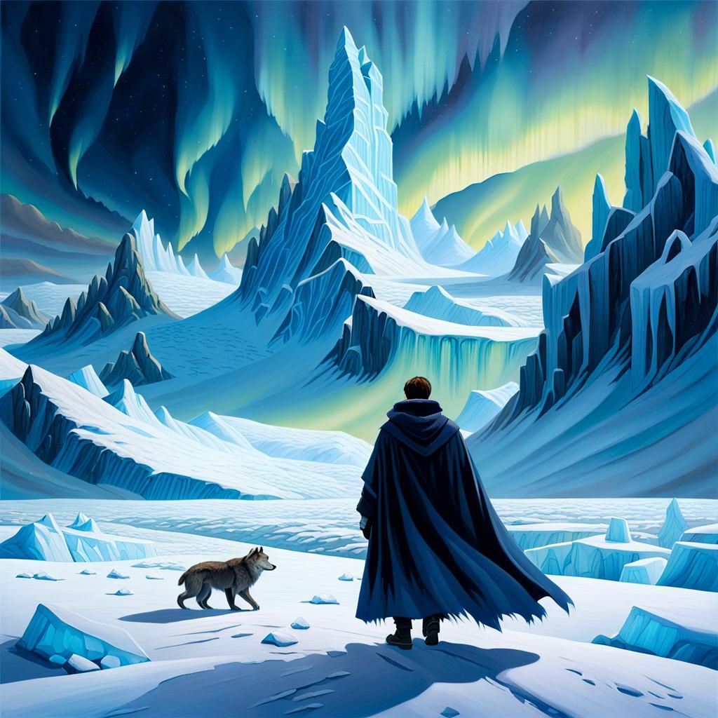 Icy Tundra: Lone Traveler in an Oil Painting