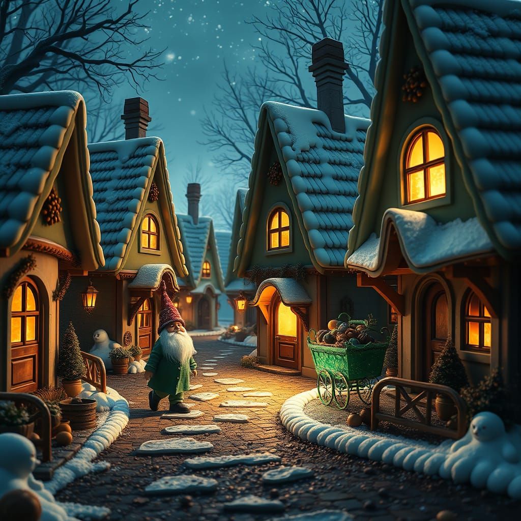 Chocolate Village with Gnome in Matte Painting Style