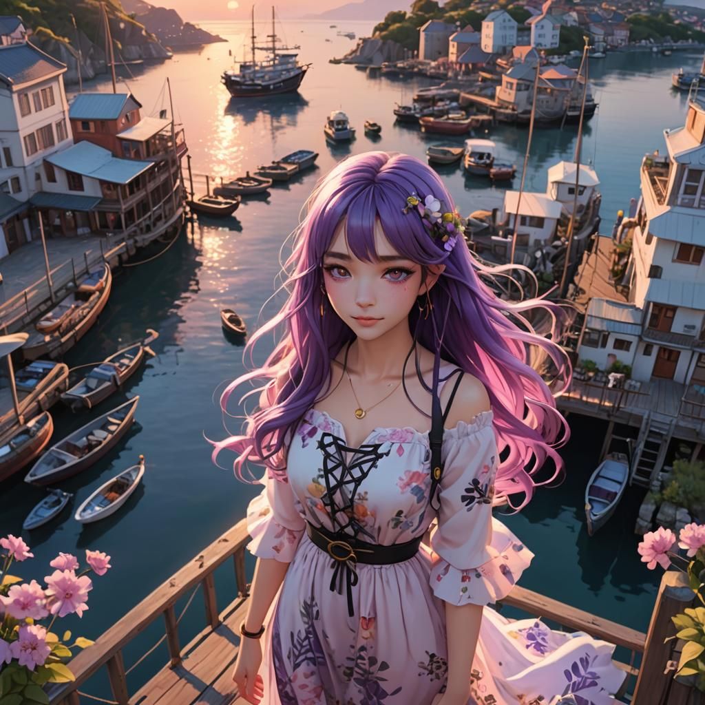 Fantasy Harbour Sunset: 3D Anime Art
