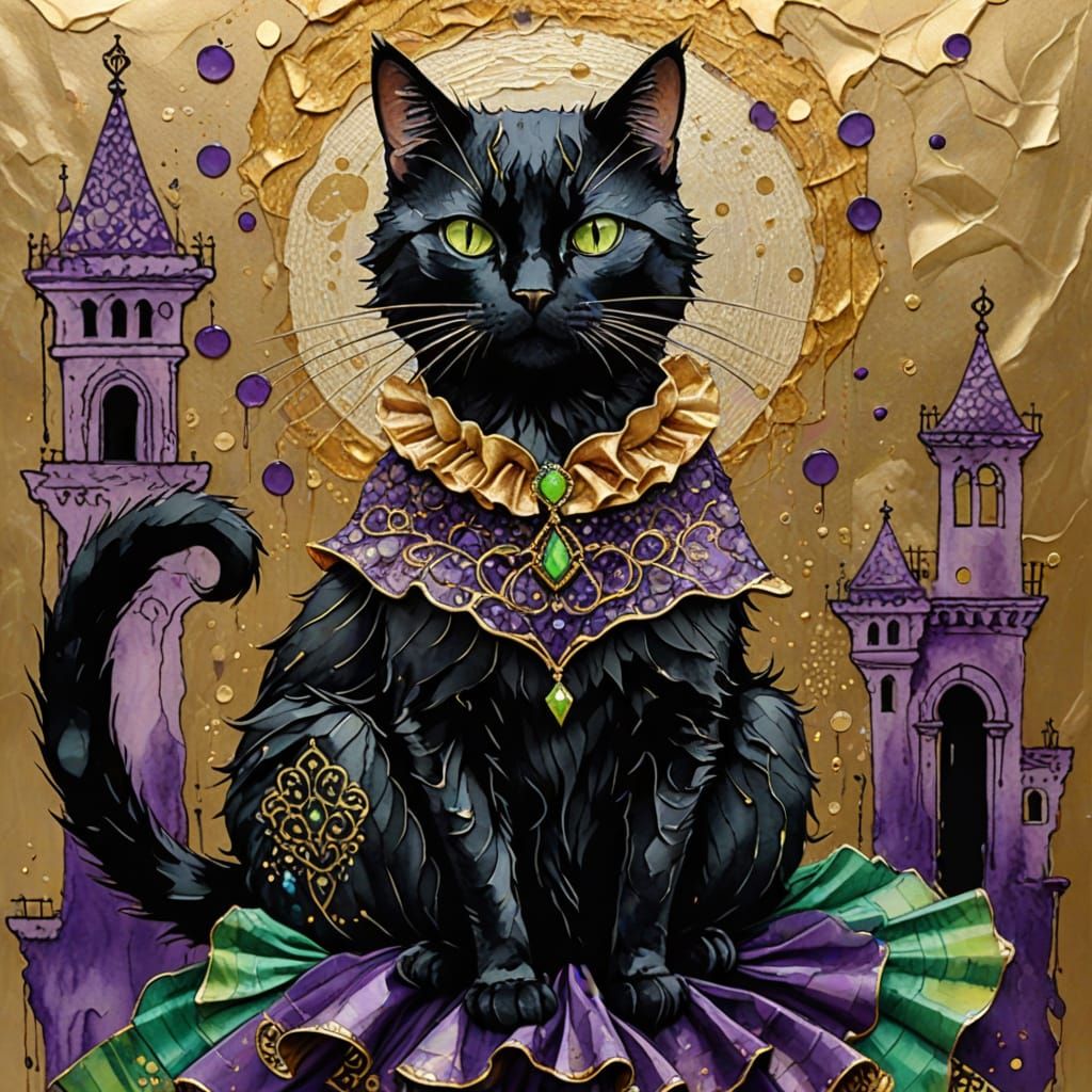 Black Cat in Flamenco Costume with Gold Dust