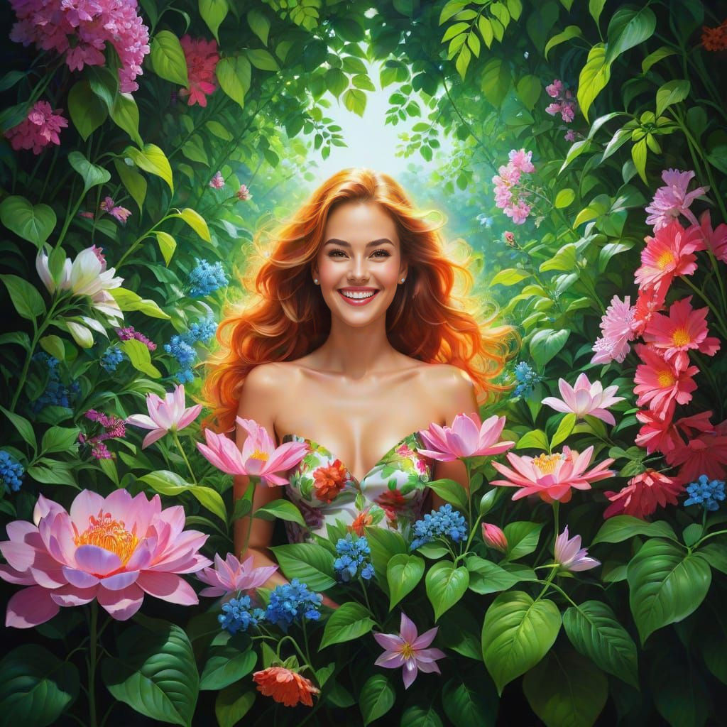 Smiling Woman Surrounded by Fluorescent Flowers