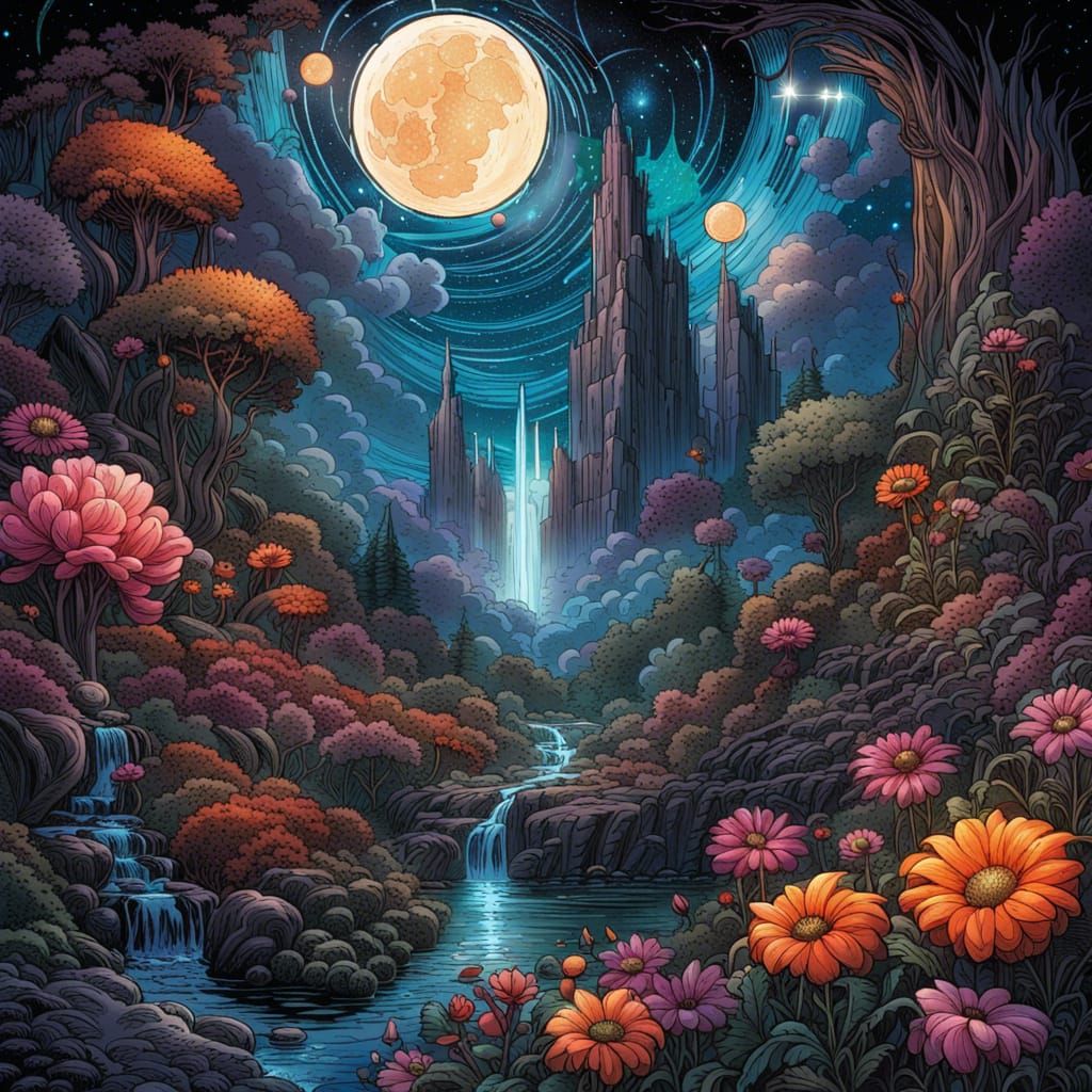 High Gothic Cosmic Garden Under Starry Night