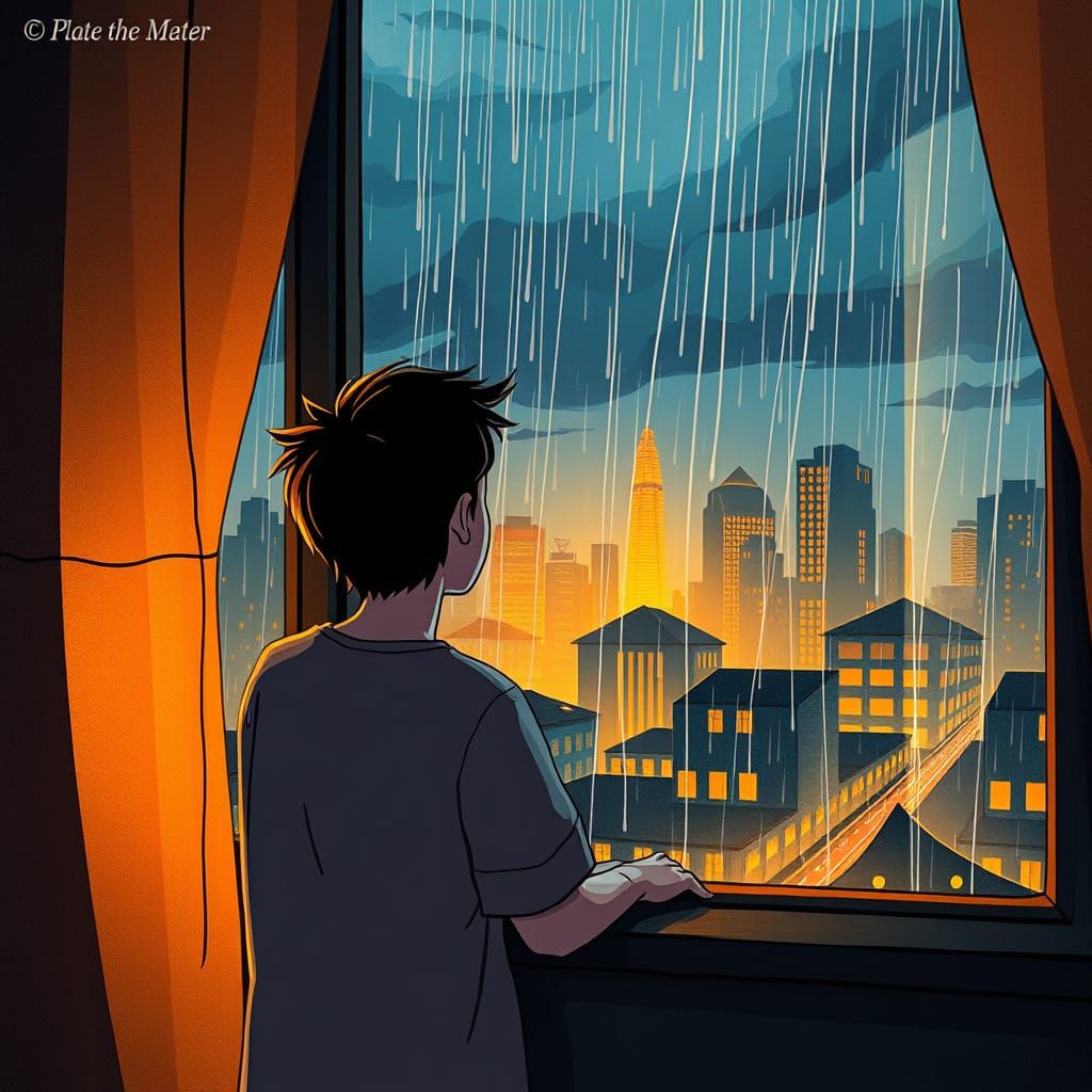 Cozy Melancholy Cityscape in Stormy Night