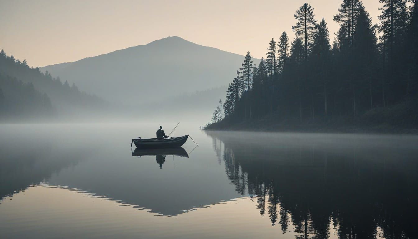 Fisherman's Boat on Misty Lake at Dawn