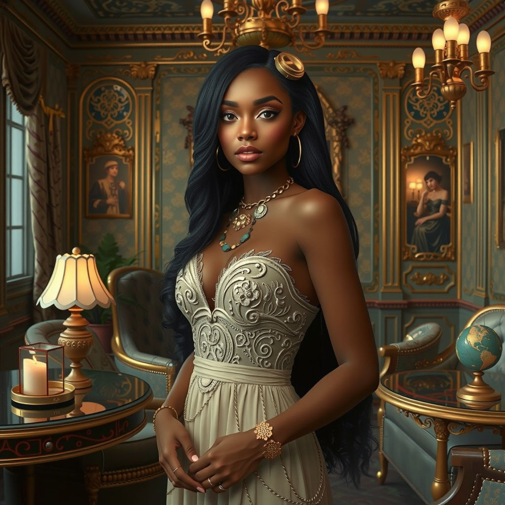 Steampunk Black Woman in Art Deco Hotel