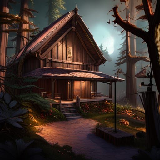 Fantasy Cabin in Woods by Rutkowski, 8K