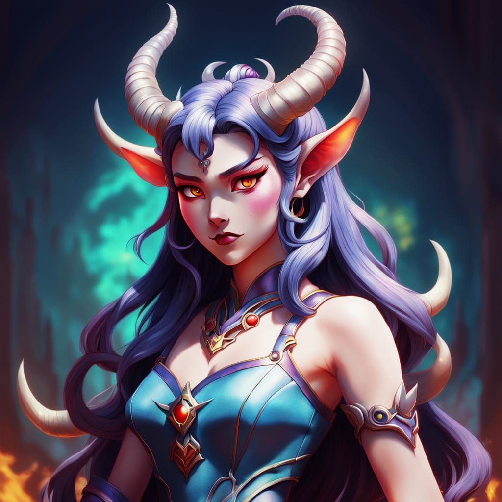 Lady Demon Portrait in Vibrant Anime Style