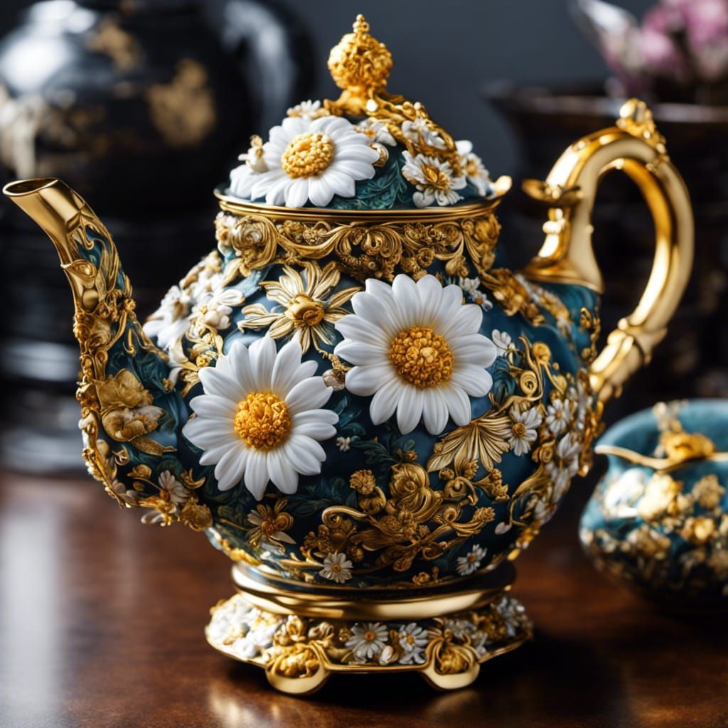 Ornate Daisy Teapot in Detailed Digital Art Style