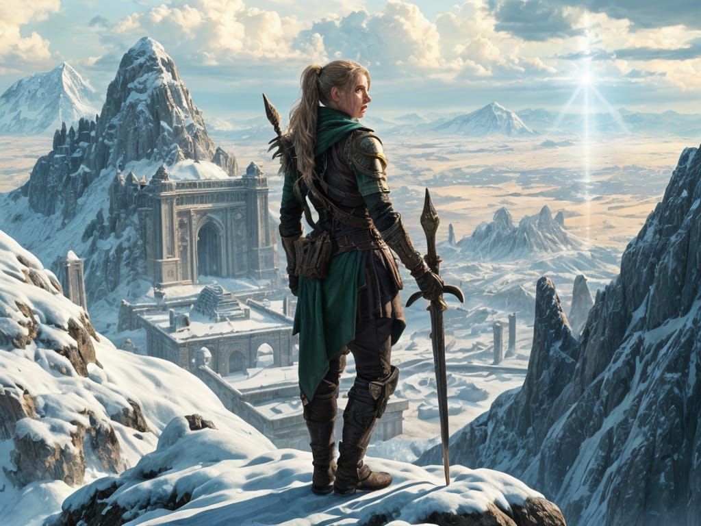 Elf Ranger Overlooks Cyberpunk Cityscape in Art Nouveau Styl...