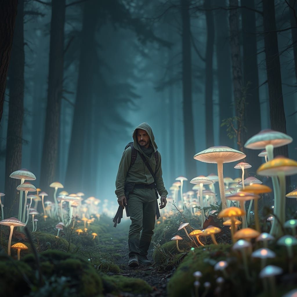 Twilight Forest Hiker with Bioluminescent Flora