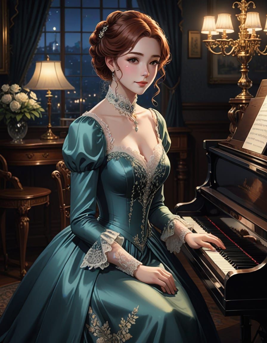 Victorian Woman in Elegant Evening Gown Plays Piano in a Par...