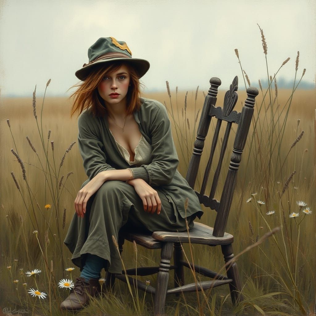 Melancholy Woman in Desolate Garden, Painterly Style