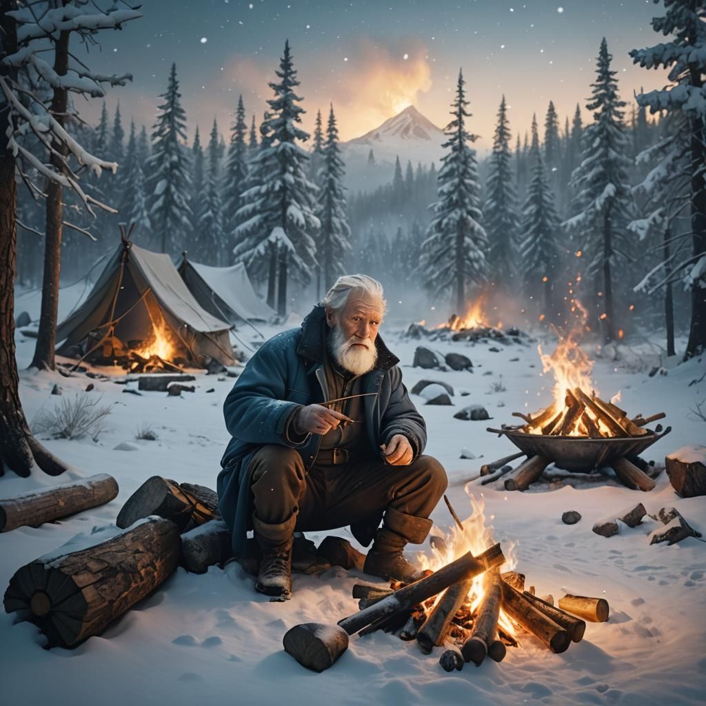 Icy Wilderness Campfire in Cinematic Style