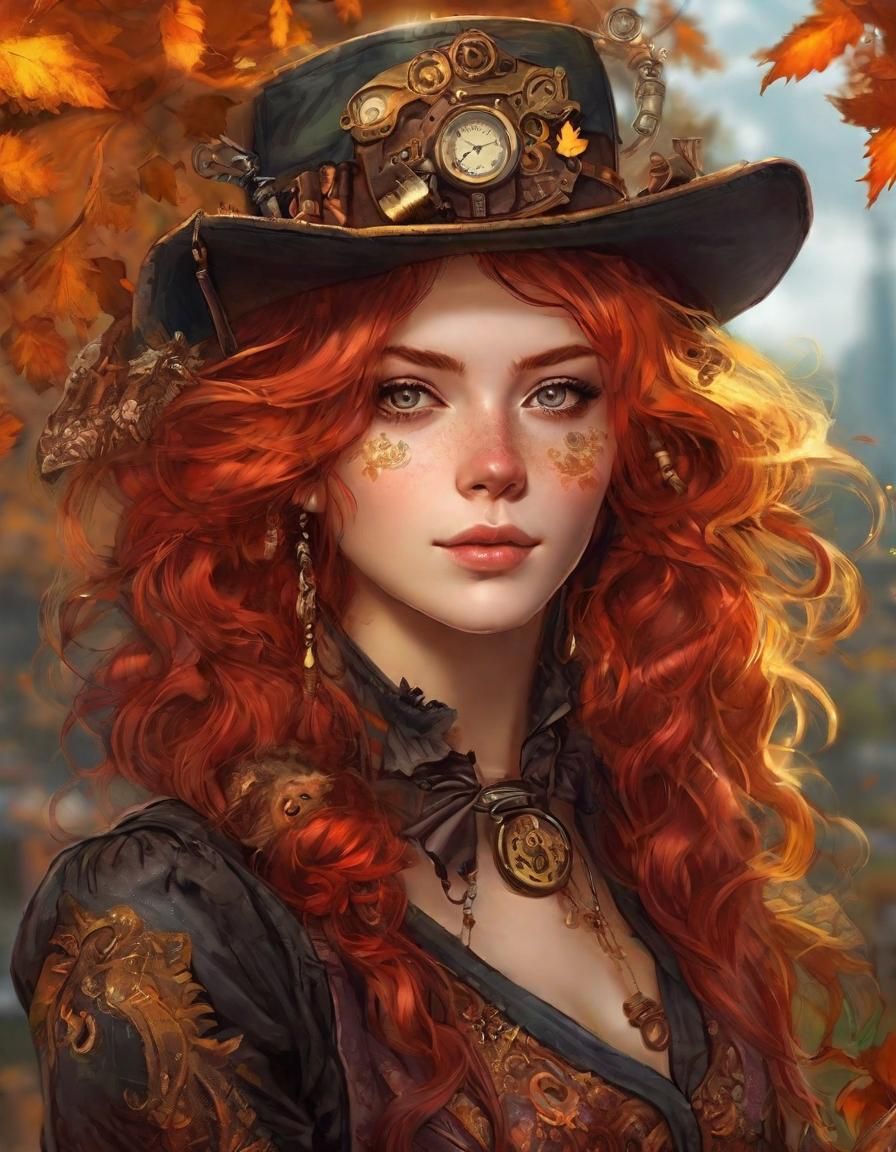 Steampunk Lady with Scarlet Hair in Anime Style