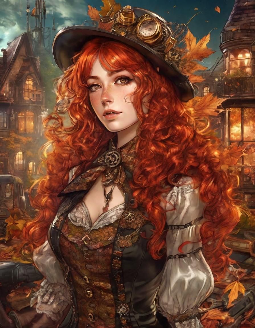 Steampunk Lady with Scarlet Hair in Anime Style