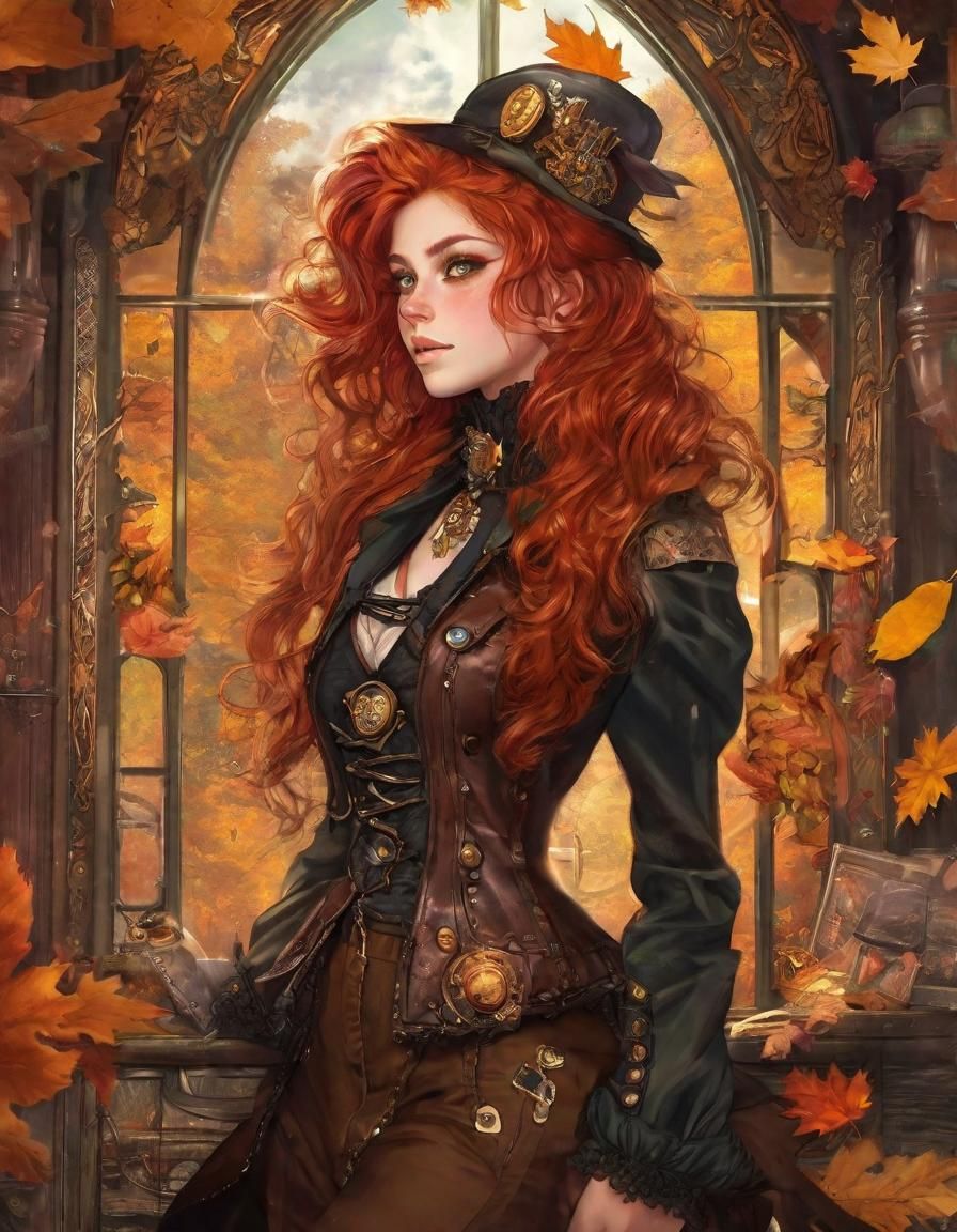 Steampunk Lady with Scarlet Hair in Anime Style