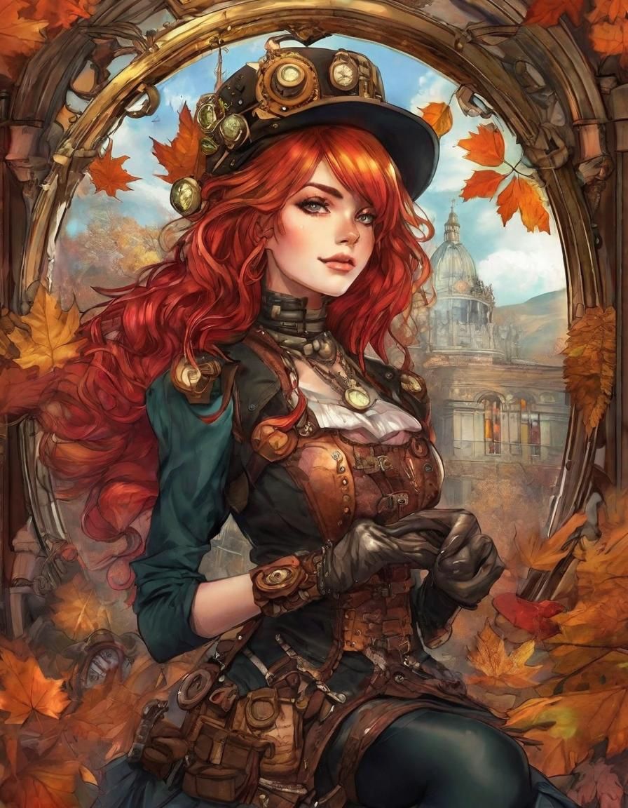 Steampunk Lady with Scarlet Hair in Anime Style